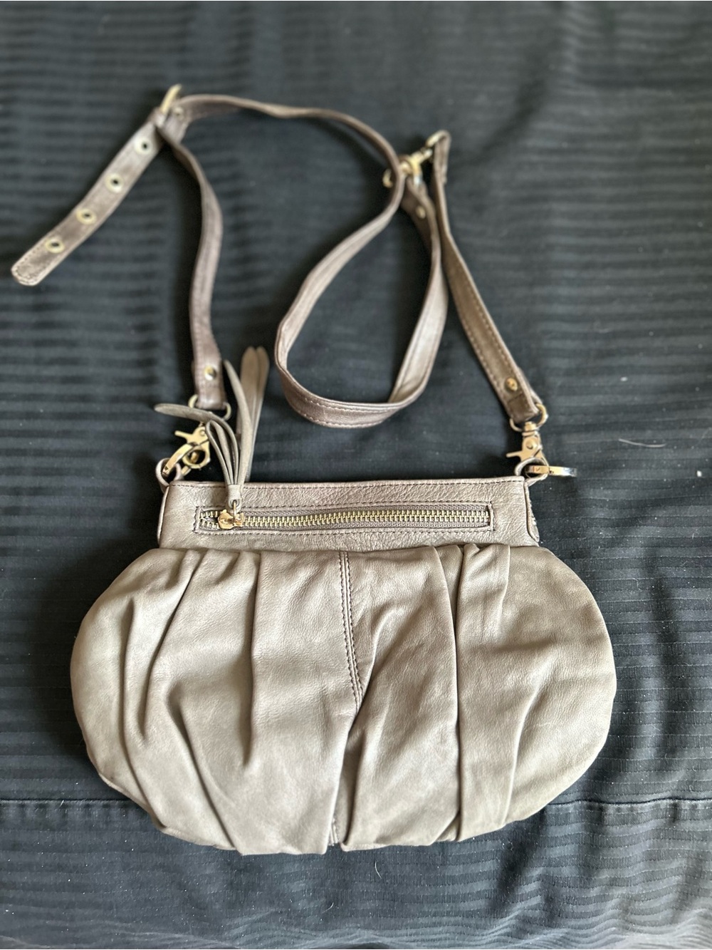 Junior Drake Taupe Pleated Leather Crossbody with Gold Hardware